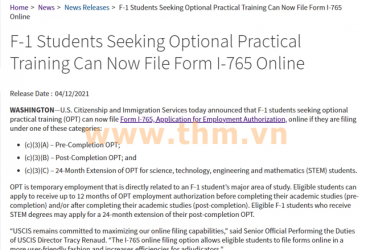 Du học sinh Mỹ visa loại F-1 đang tìm cơ hội thực tập tùy chọn (OPT) đã có thể nộp đơn I-765 xin giấy phép làm việc qua hình thức trực tuyến