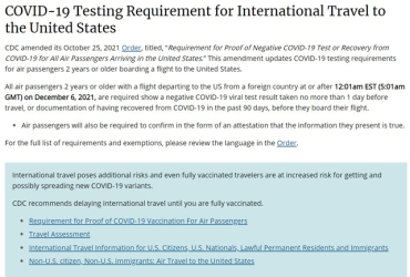 Từ ngày 06/12/2021 mọi người ngoại quốc trên 2 tuổi phải có kết quả xét nghiệm COVID-19 âm tính được thực hiện trong vòng 1 ngày trước khi chuyến bay khởi hành đến Hoa Kỳ