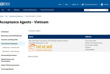 Công ty Thế Hệ Mới được sở thuế vụ Hoa Kỳ (IRS) bổ nhiệm làm đại lý tiếp nhận hồ sơ cấp số ITIN đầu tiên và duy nhất tại Việt Nam