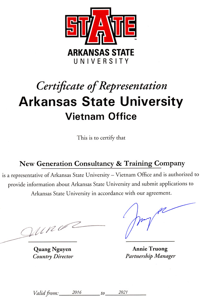 Chứng nhận đại diện tuyển sinh trường Arkansas State University