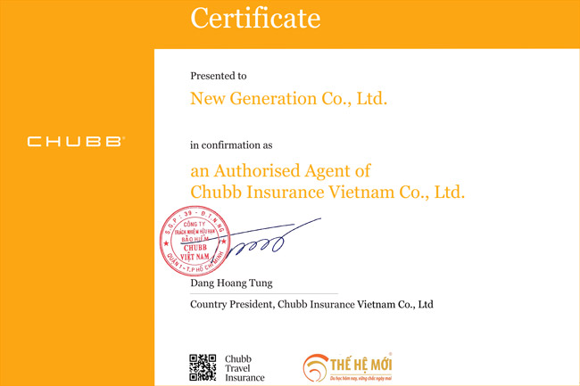 Giấy chứng nhận Công ty Thế Hệ Mới là đại lý chính thức của bảo hiểm CHUBB