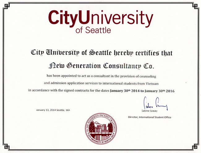 Chứng nhận đại diện tuyển sinh chính thức trường City University of Seattle tại Việt Nam
