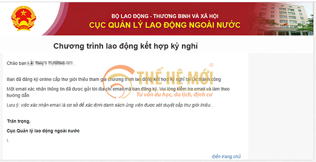 xác nhận đăng ký trực tuyến thành công