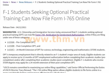 Du học sinh Mỹ visa loại F-1 đang tìm cơ hội thực tập tùy chọn (OPT) đã có thể nộp đơn I-765 xin giấy phép làm việc qua hình thức trực tuyến