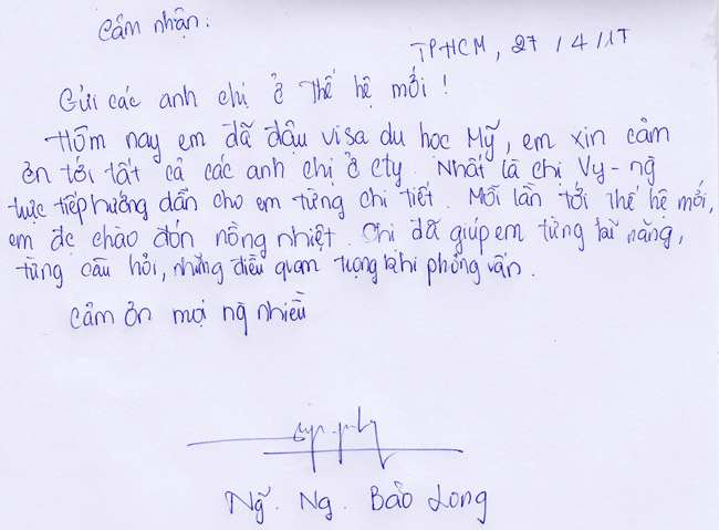 Cảm nhận của Bảo Long về công ty tư vấn du học uy tín Thế Hệ Mới ở TP.HCM