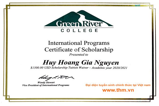 Chúc mừng em Nguyễn Hoàng Gia Huy được nhận học bổng của trường Green River College tại Mỹ