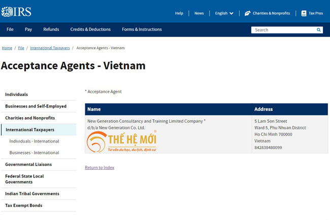 Công ty Thế Hệ Mới được sở thuế vụ Hoa Kỳ (IRS) bổ nhiệm làm đại lý tiếp nhận hồ sơ cấp số ITIN đầu tiên và duy nhất tại Việt Nam