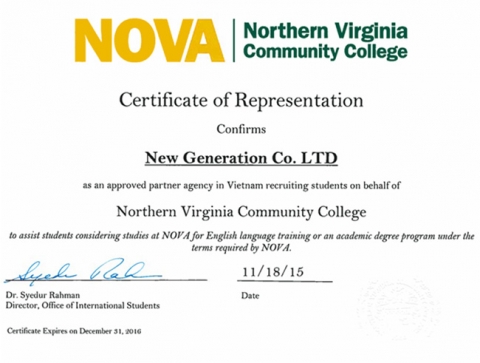 Trường Northern Virginia Community College bổ nhiệm Thế Hệ Mới làm đại diện tuyển sinh chính thức